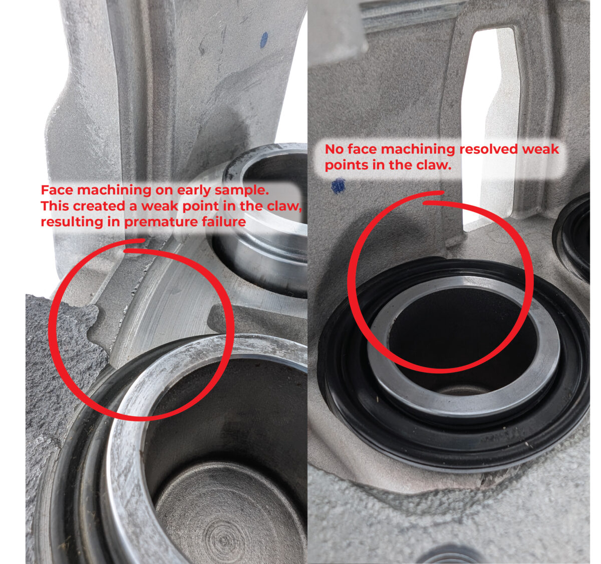 Photo showing a side-by-side of the machined face in the sample compared to no machining on the OE AU Series 2 caliper 